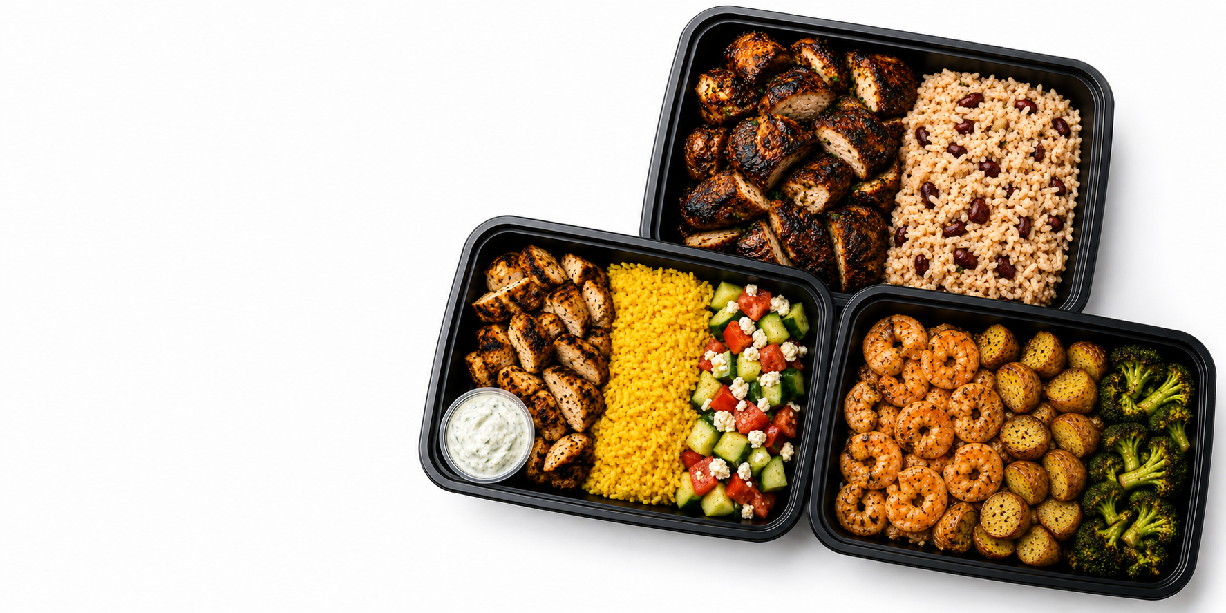 Fire-grilled meal prep containers, overhead