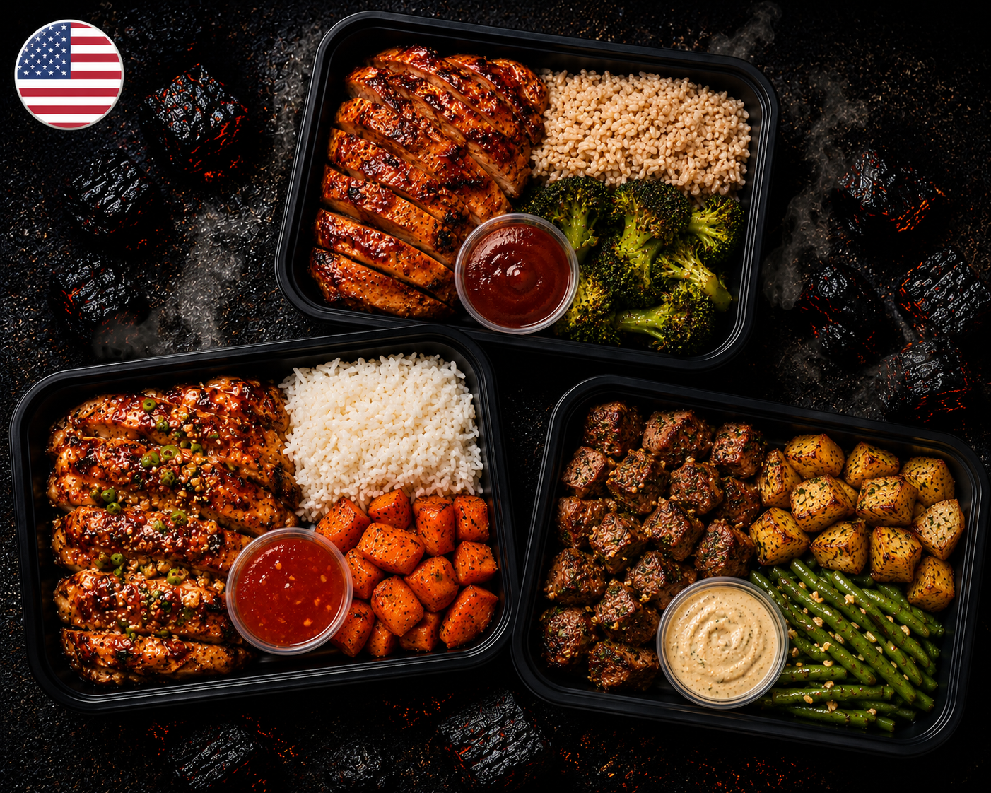 Fire-grilled meal prep containers, overhead