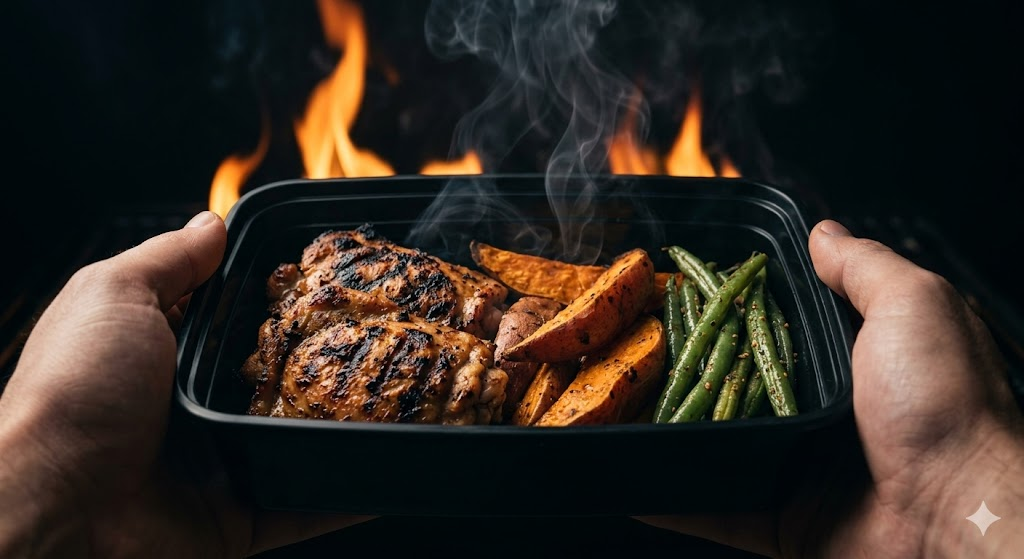 Hands holding fire-grilled meal prep container